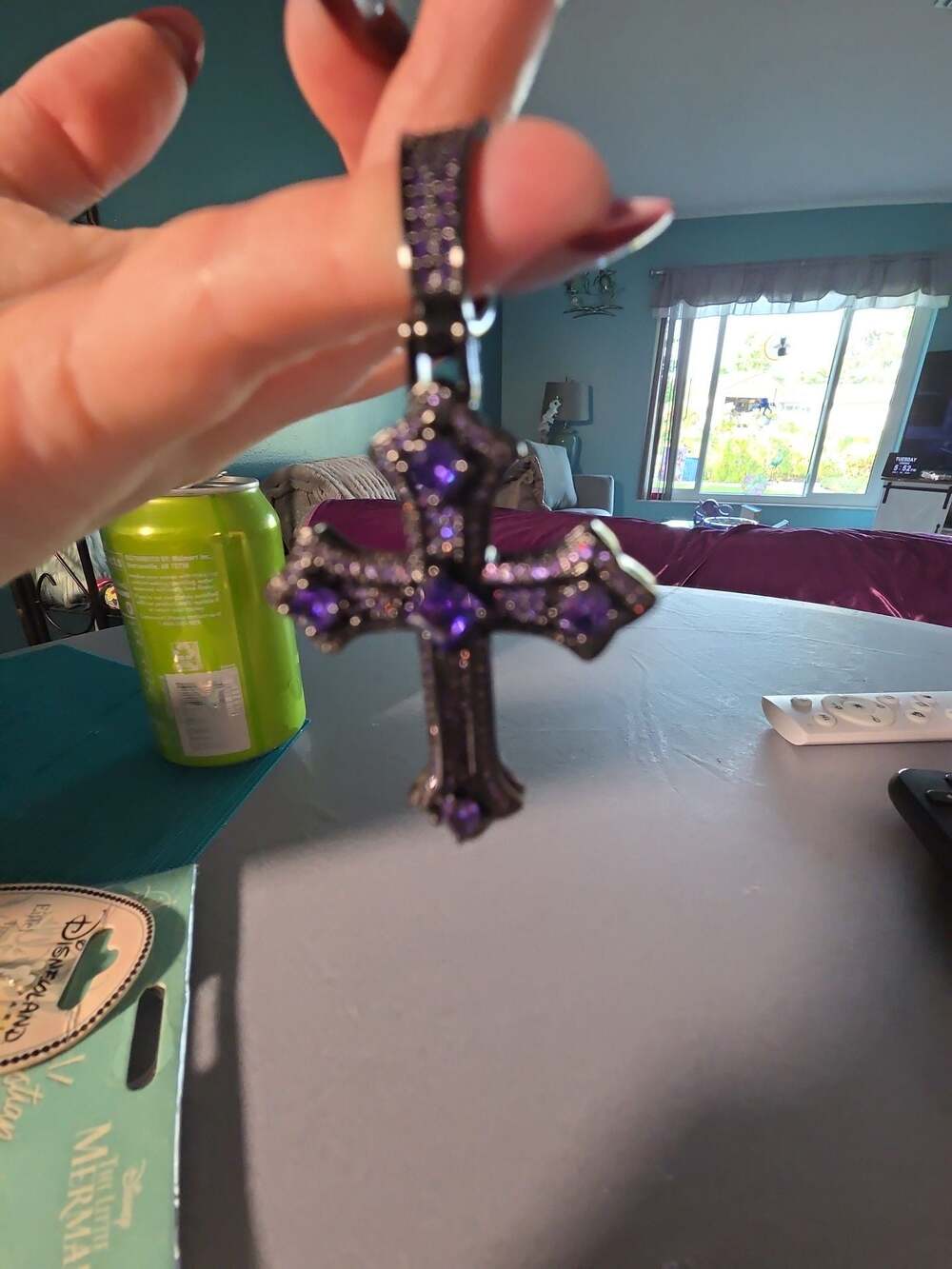 Iced Out Gothic Cross Pendant with Purple Cubic Zirconia and Black Plated Settin